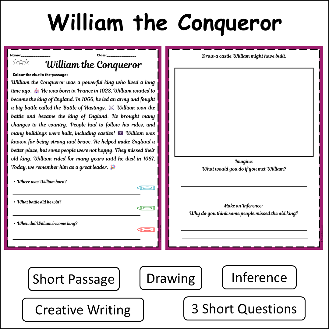 William the Conqueror | Short Reading Comprehension Creative Worksheet