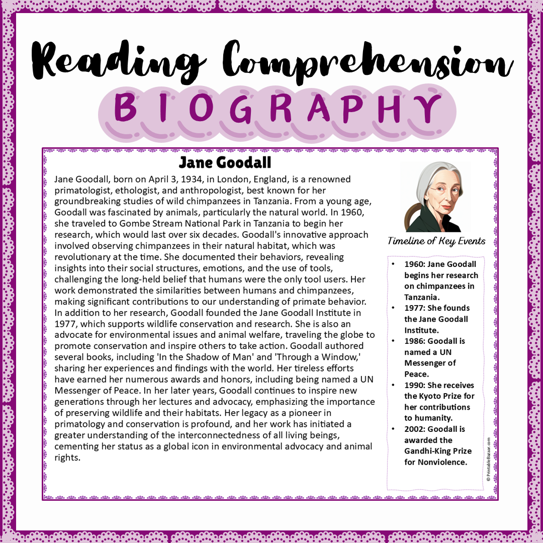 Jane Goodall | Biography Reading Comprehension and Questions Worksheet