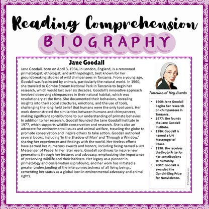 Jane Goodall | Biography Reading Comprehension and Questions Worksheet