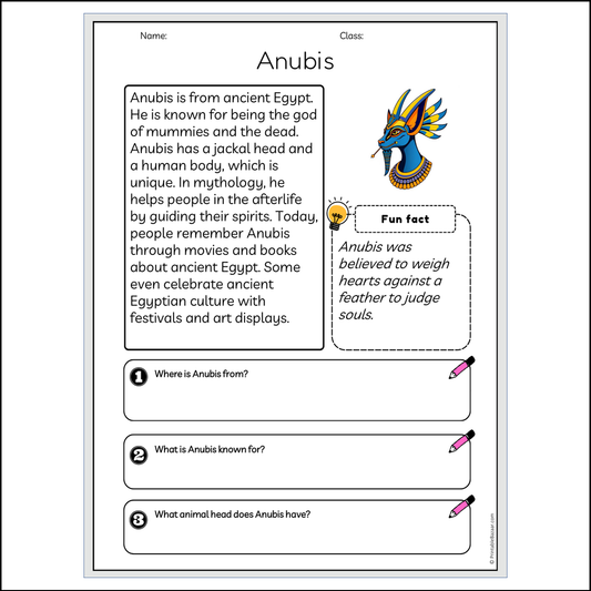 Anubis | Reading Passage Comprehension Questions Writing Facts Worksheet