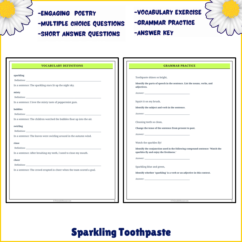 Sparkling Toothpaste | Poem Grammar Worksheet Printable Activity