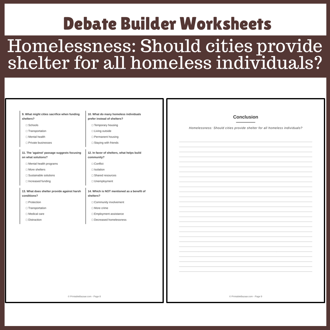 Homelessness: Should cities provide shelter for all homeless individuals? | Favour and Against Worksheet Printable Activity