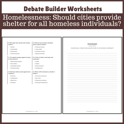 Homelessness: Should cities provide shelter for all homeless individuals? | Favour and Against Worksheet Printable Activity