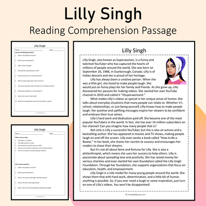 Lilly Singh | Reading Comprehension Passage Printable Activity