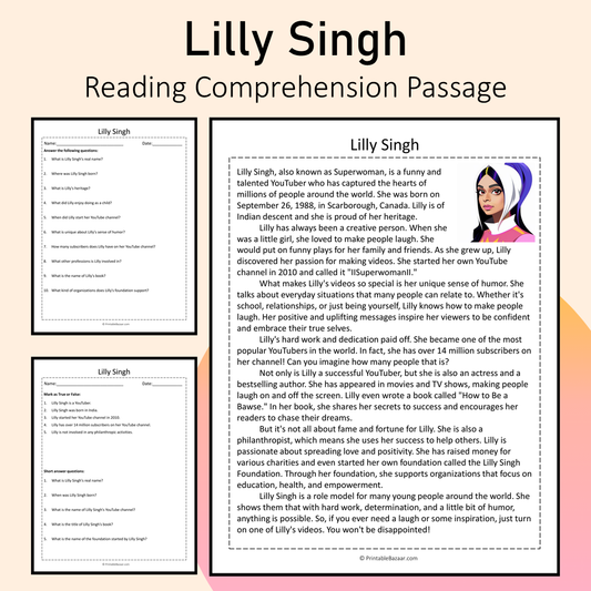 Lilly Singh | Reading Comprehension Passage Printable Activity
