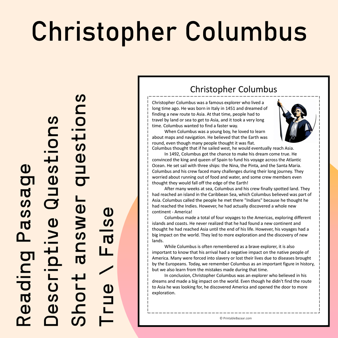 Christopher Columbus | Reading Comprehension Passage Printable Activity