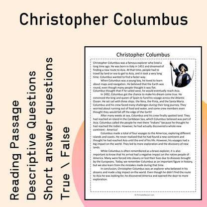 Christopher Columbus | Reading Comprehension Passage Printable Activity