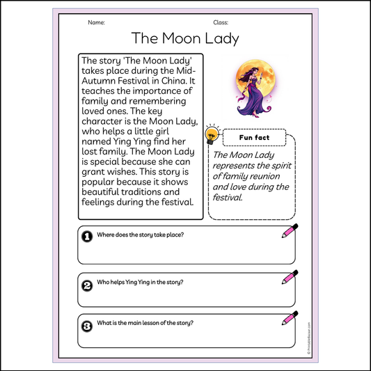 The Moon Lady | Reading Passage Comprehension Questions Writing Facts Worksheet