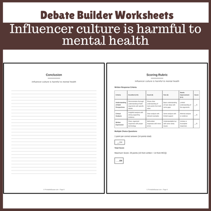 Influencer culture is harmful to mental health | Favour and Against Worksheet Printable Activity