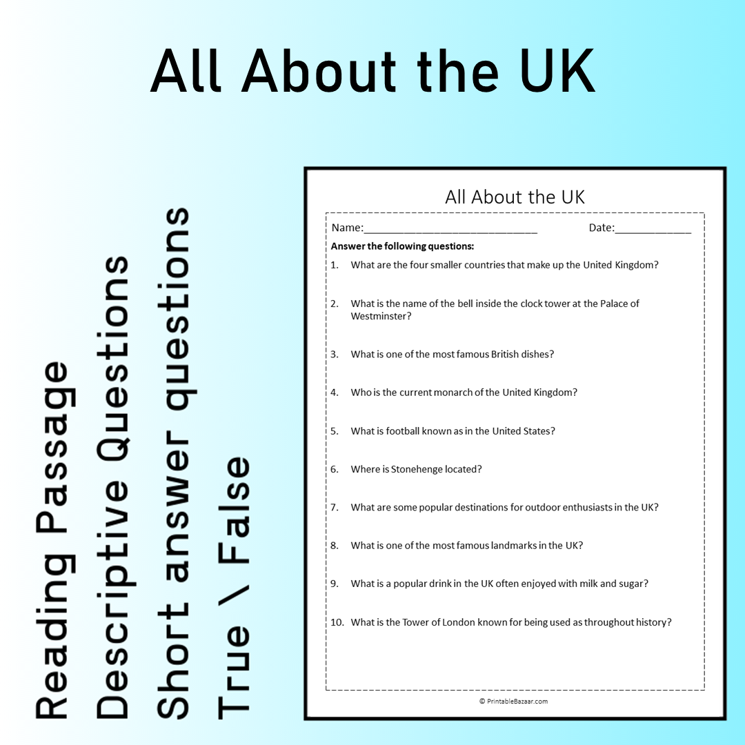 All About the UK | Reading Comprehension Passage Printable Worksheet