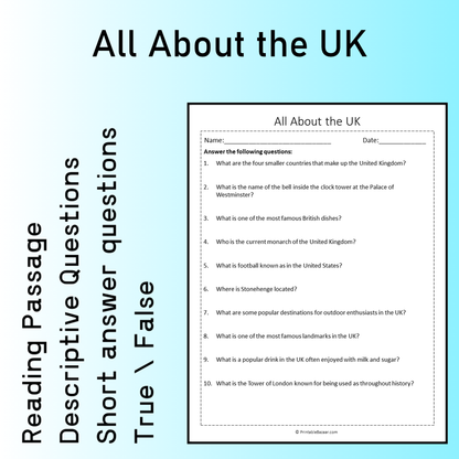 All About the UK | Reading Comprehension Passage Printable Worksheet