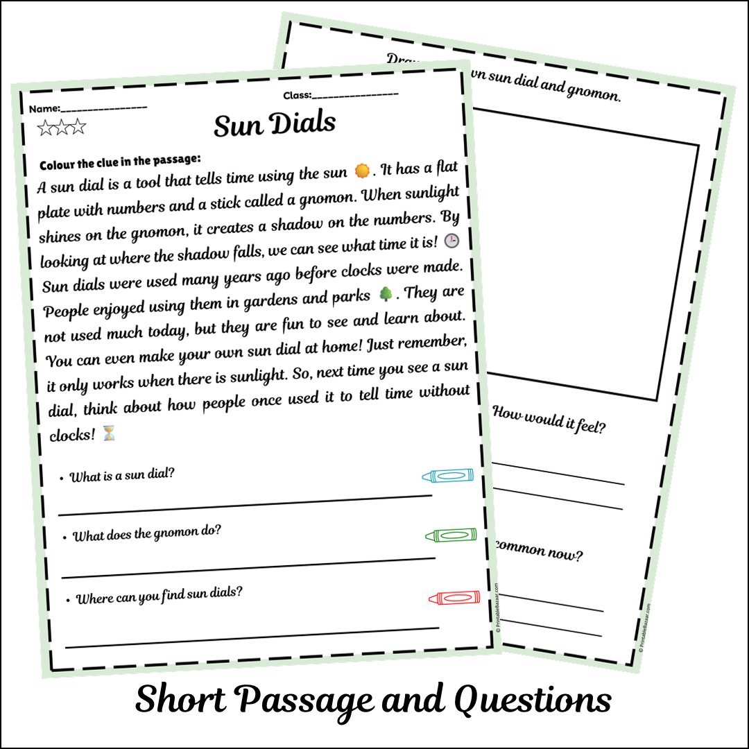 Sun Dials | Short Reading Comprehension Creative Worksheet