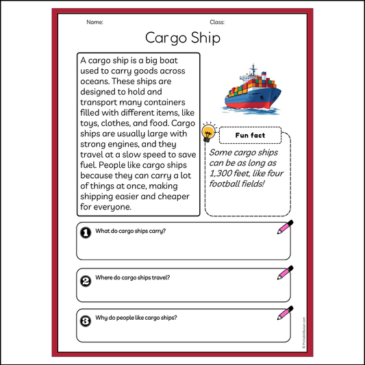 Cargo Ship | Reading Passage Comprehension Questions Writing Facts Worksheet