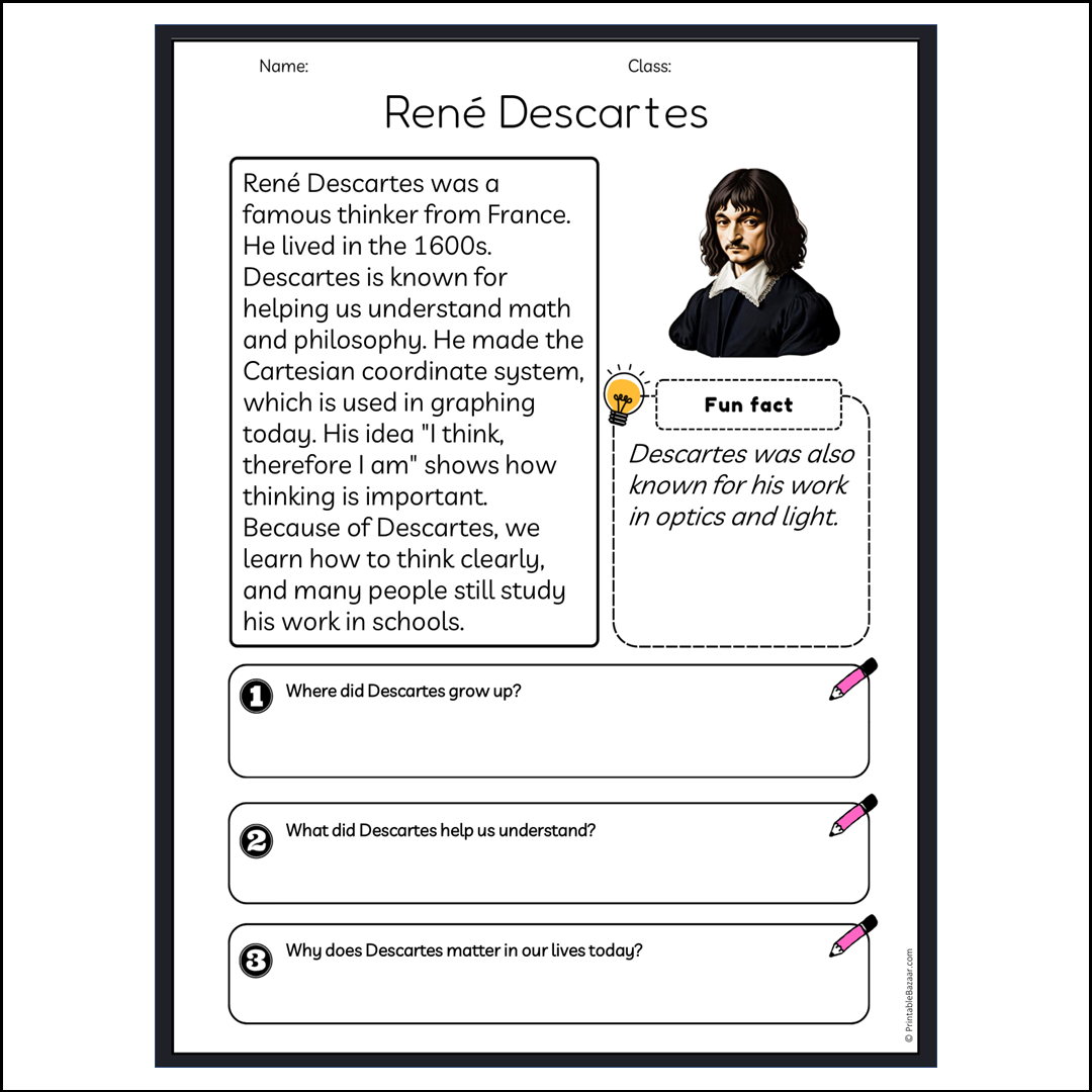 René Descartes | Reading Passage Comprehension Questions Writing Facts Worksheet