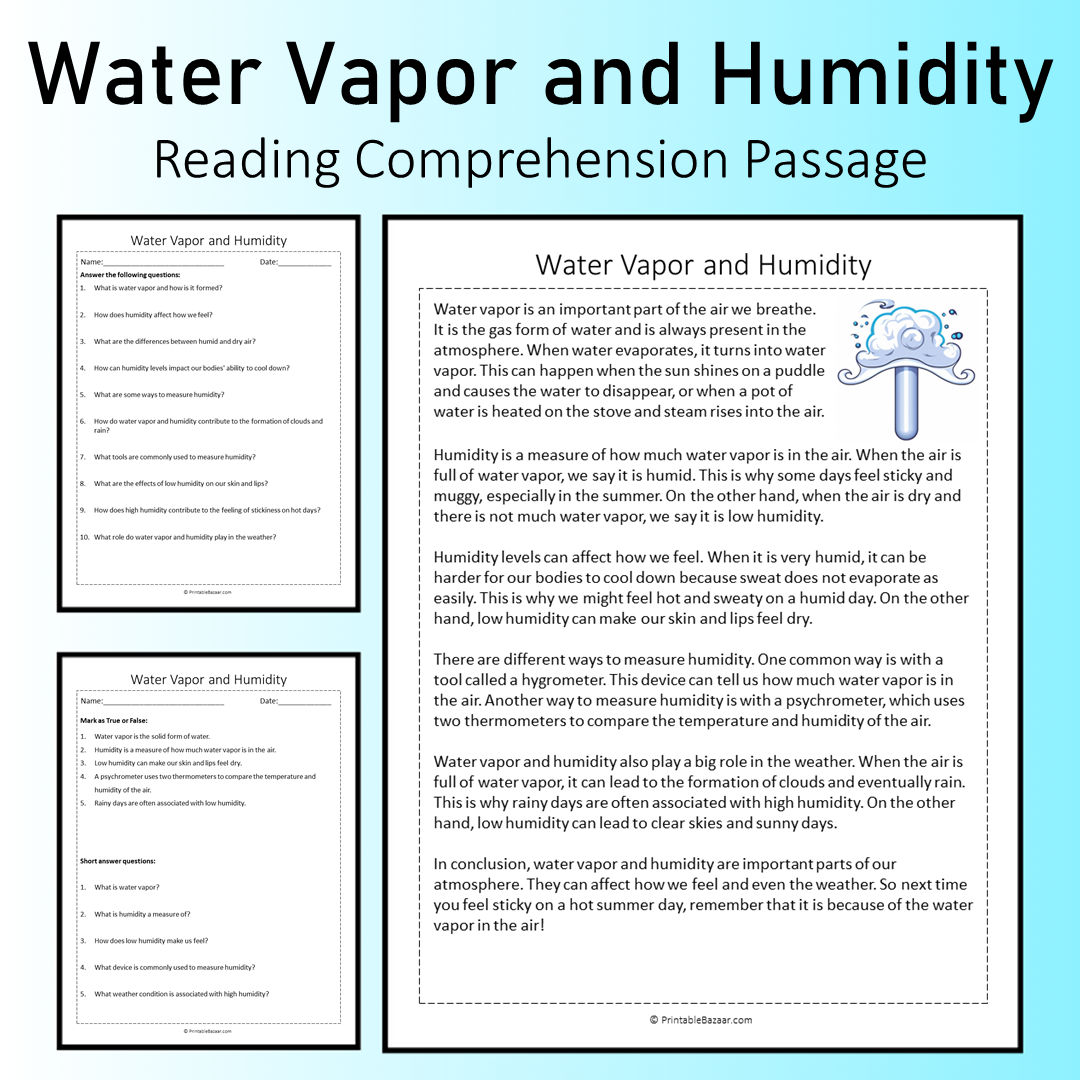 Water Vapor and Humidity | Reading Comprehension Passage Printable Worksheet