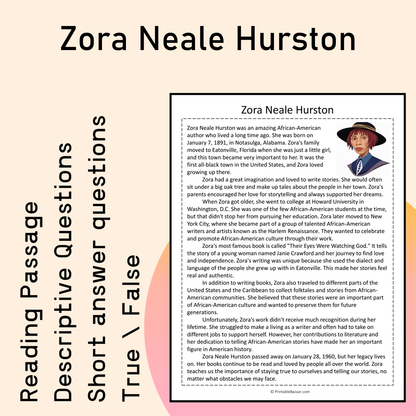 Zora Neale Hurston | Reading Comprehension Passage Printable Activity