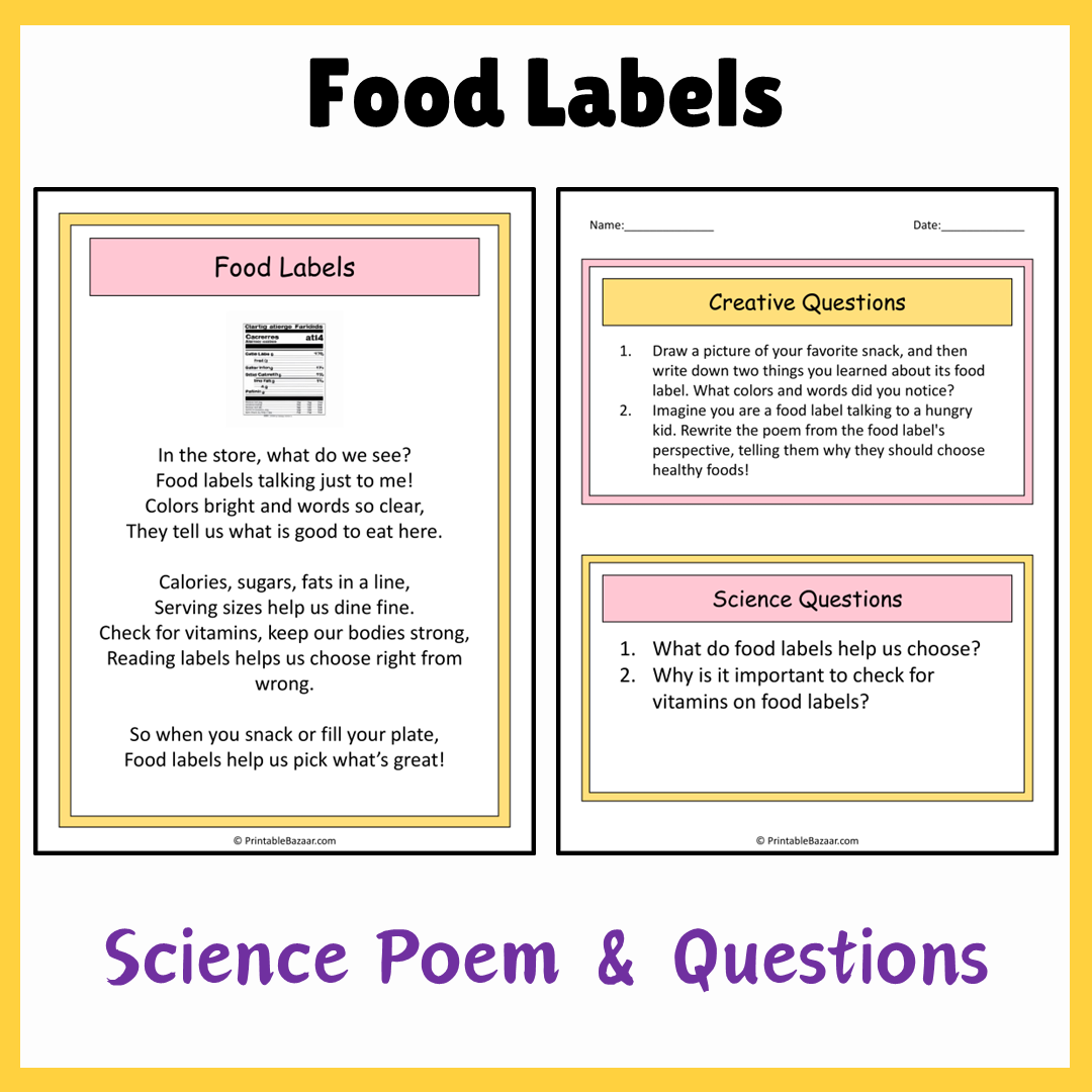 Food Labels | Science Poem Reading Comprehension Activity