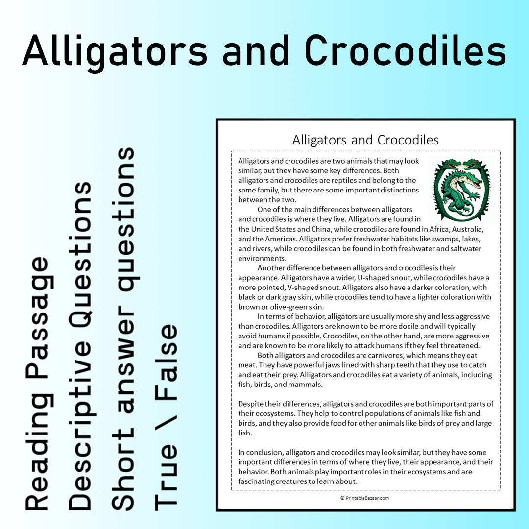 Alligators and Crocodiles | Reading Comprehension Passage Printable Worksheet