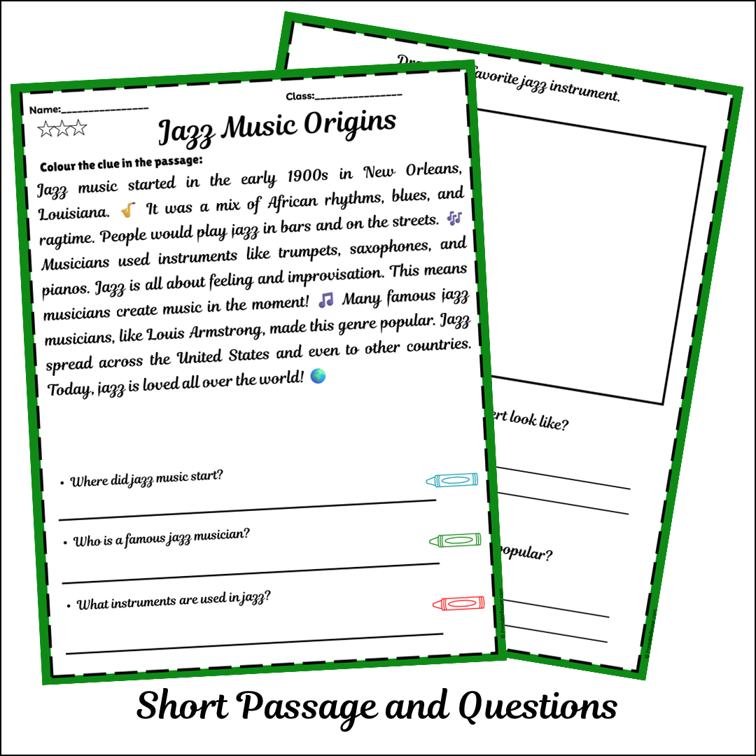 Jazz Music Origins | Short Reading Comprehension Creative Worksheet