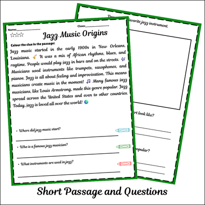 Jazz Music Origins | Short Reading Comprehension Creative Worksheet
