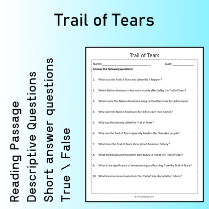 Trail of Tears | Reading Comprehension Passage Printable Worksheet