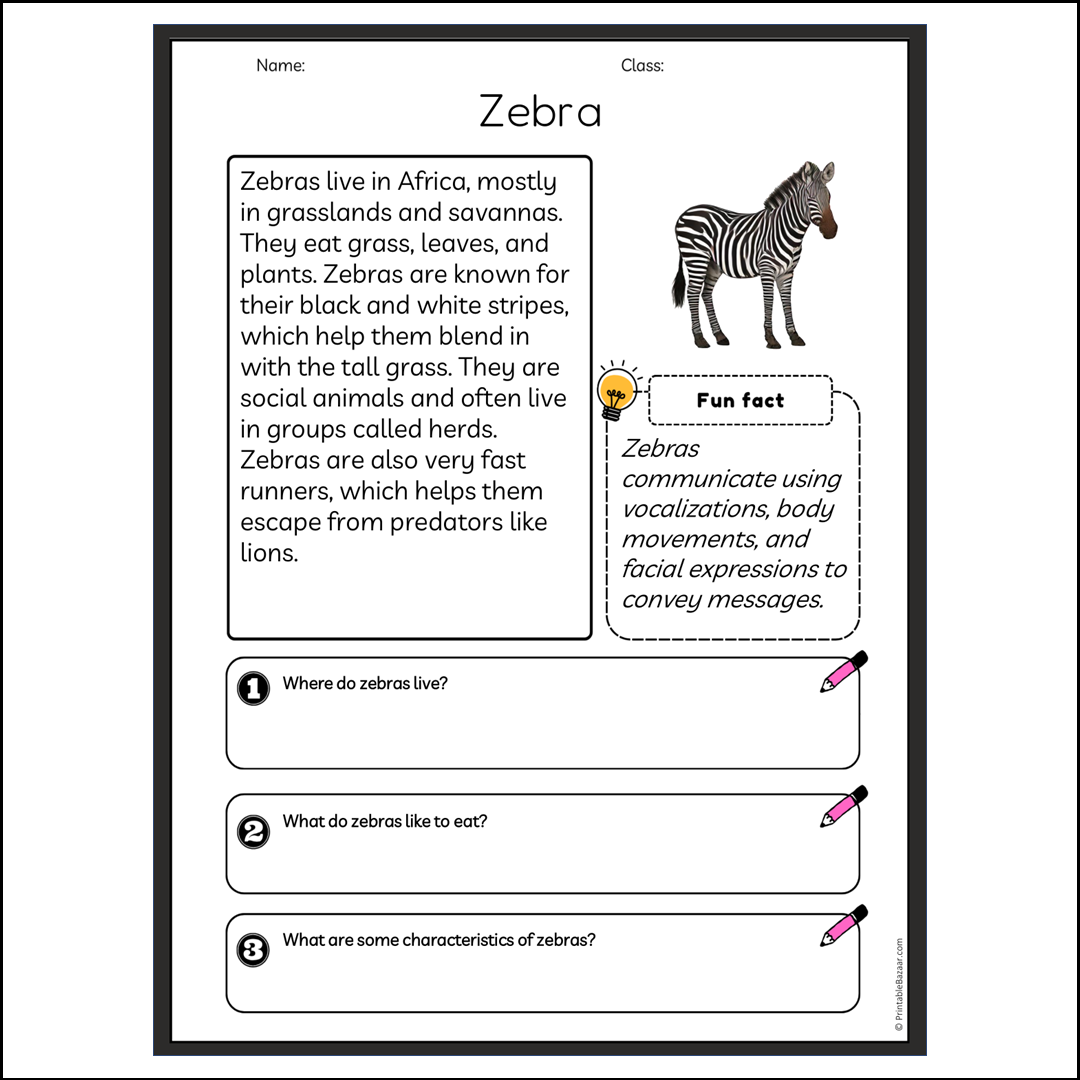 Zebra | Reading Passage Comprehension Questions Writing Facts Worksheet