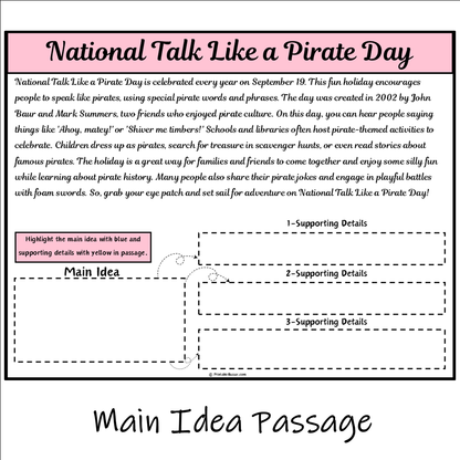 National Talk Like a Pirate Day | Main Idea and Supporting Details Reading Passage and Questions