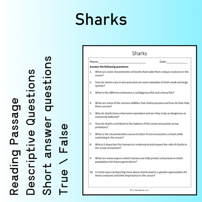 Sharks | Reading Comprehension Passage Printable Worksheet