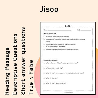 Jisoo | Reading Comprehension Passage Printable Activity