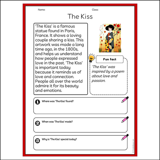 The Kiss | Reading Passage Comprehension Questions Writing Facts Worksheet