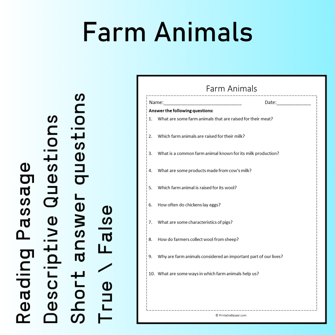 Farm Animals | Reading Comprehension Passage Printable Worksheet