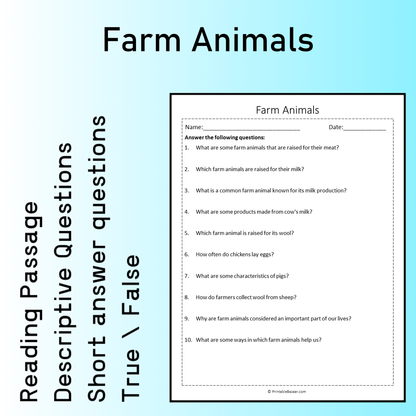Farm Animals | Reading Comprehension Passage Printable Worksheet