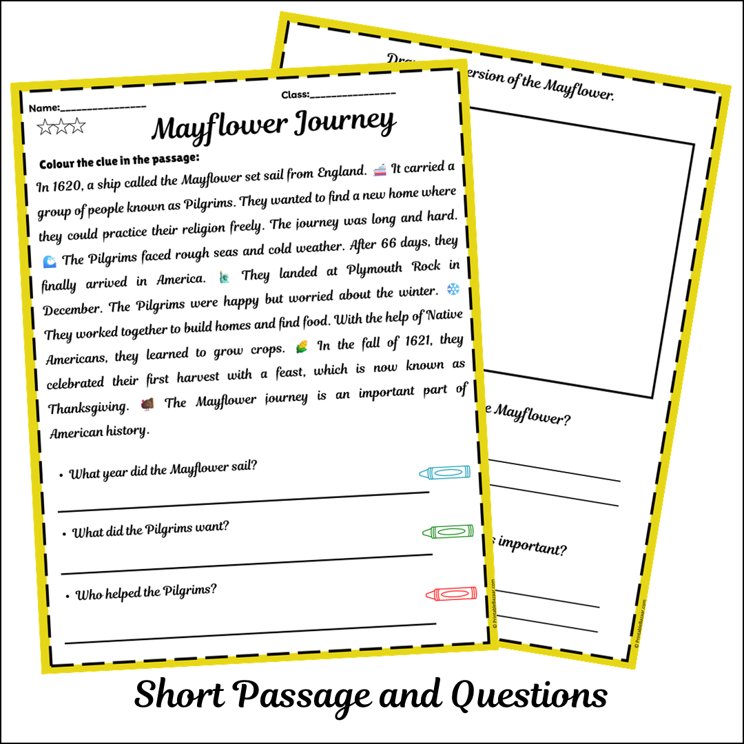 Mayflower Journey | Short Reading Comprehension Creative Worksheet
