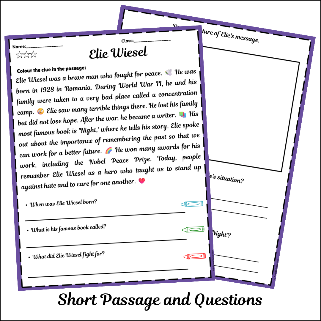 Elie Wiesel | Short Reading Comprehension Creative Worksheet