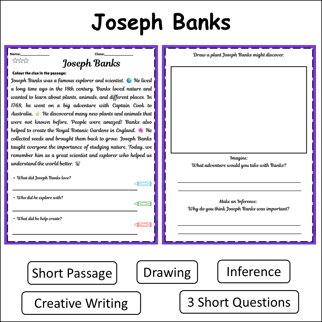 Joseph Banks | Short Reading Comprehension Creative Worksheet