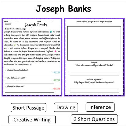 Joseph Banks | Short Reading Comprehension Creative Worksheet