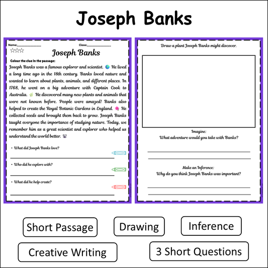 Joseph Banks | Short Reading Comprehension Creative Worksheet