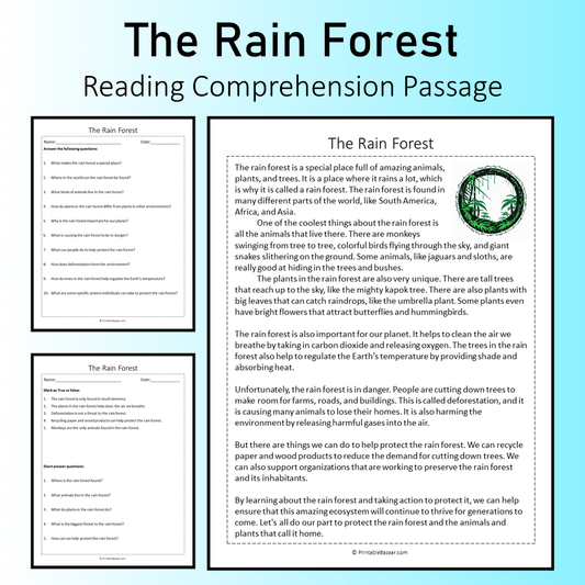 The Rain Forest | Reading Comprehension Passage Printable Worksheet