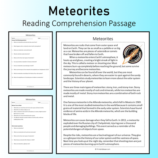 Meteorites | Reading Comprehension Passage Printable Worksheet