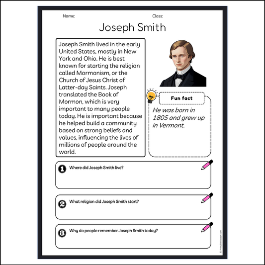 Joseph Smith | Reading Passage Comprehension Questions Writing Facts Worksheet