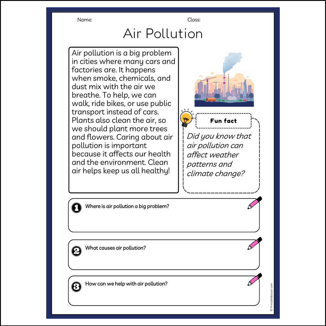 Air Pollution | Reading Passage Comprehension Questions Writing Facts Worksheet