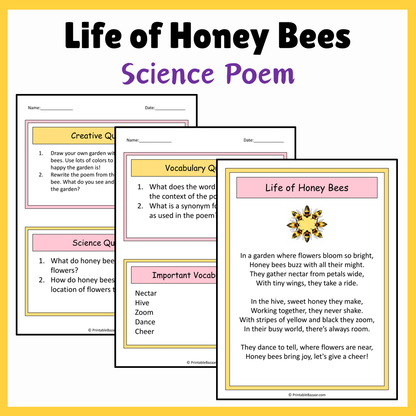 Life of Honey Bees | Science Poem Reading Comprehension Activity