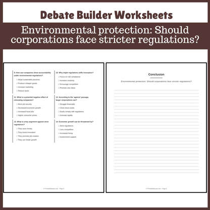 Environmental protection: Should corporations face stricter regulations? | Favour and Against Worksheet Printable Activity