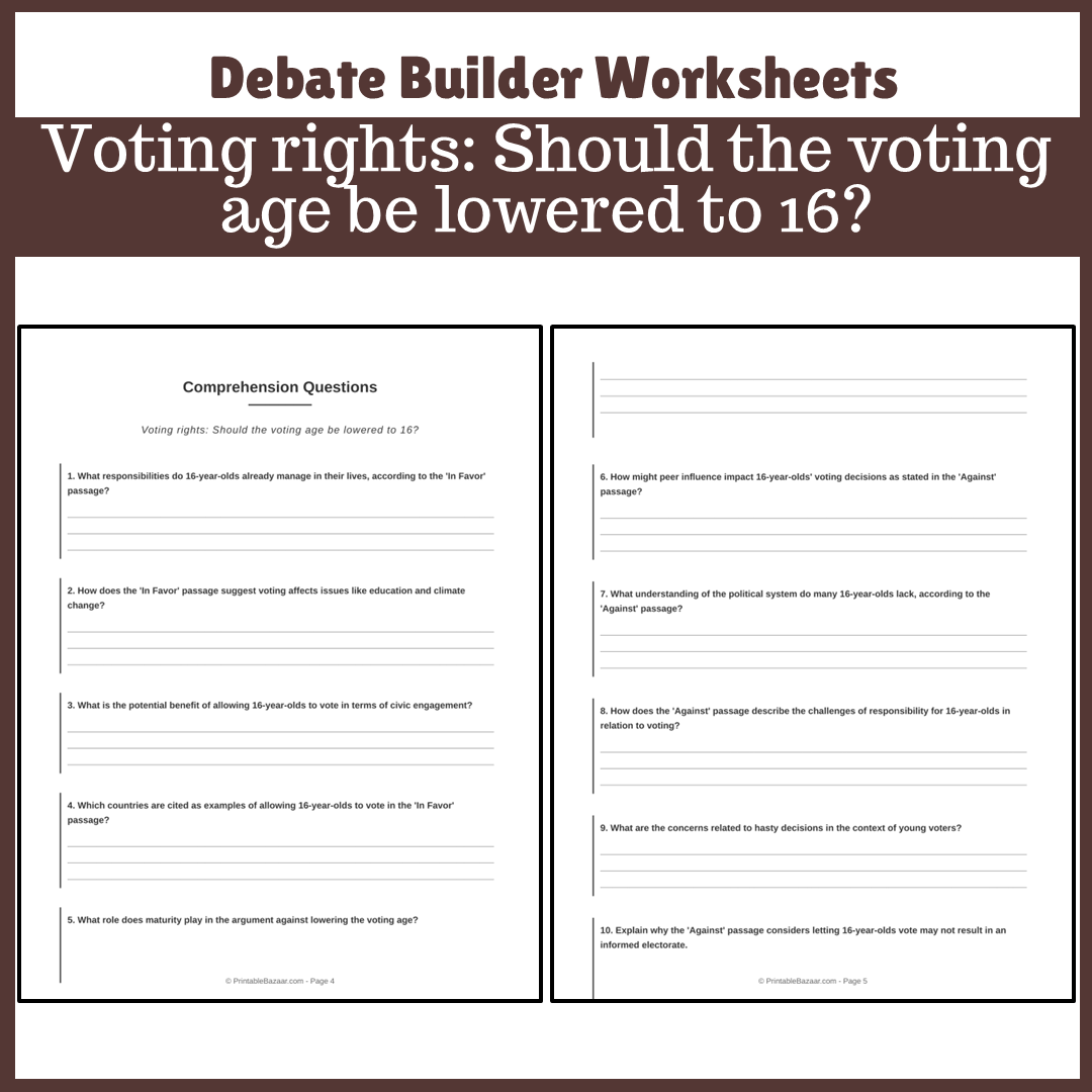 Voting rights: Should the voting age be lowered to 16? | Favour and Against Worksheet Printable Activity