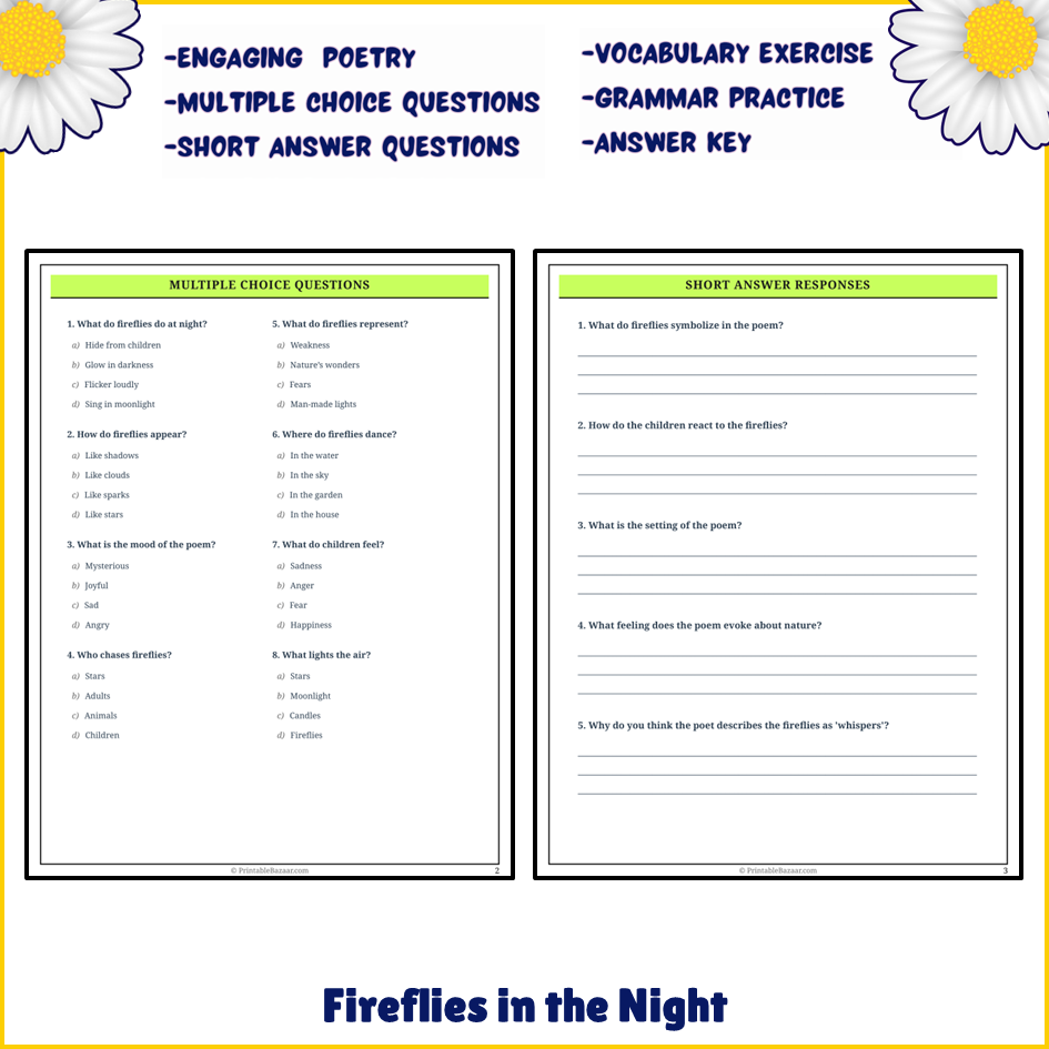 Fireflies in the Night | Poem Grammar Worksheet Printable Activity