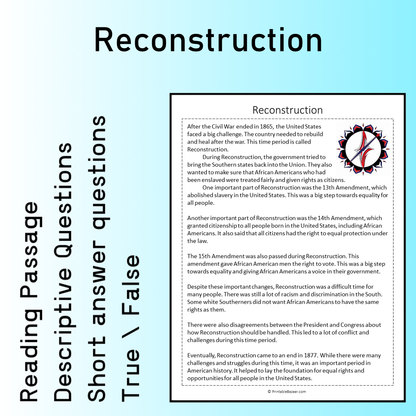 Reconstruction | Reading Comprehension Passage Printable Worksheet