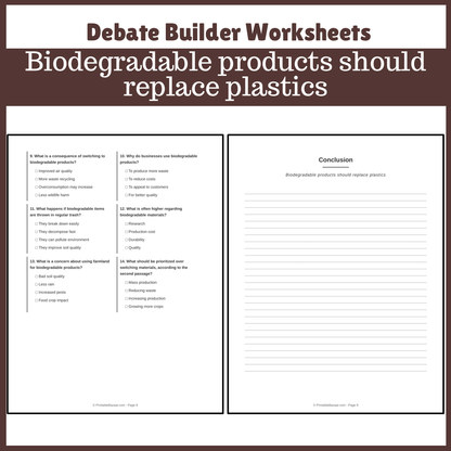 Biodegradable products should replace plastics | Favour and Against Worksheet Printable Activity