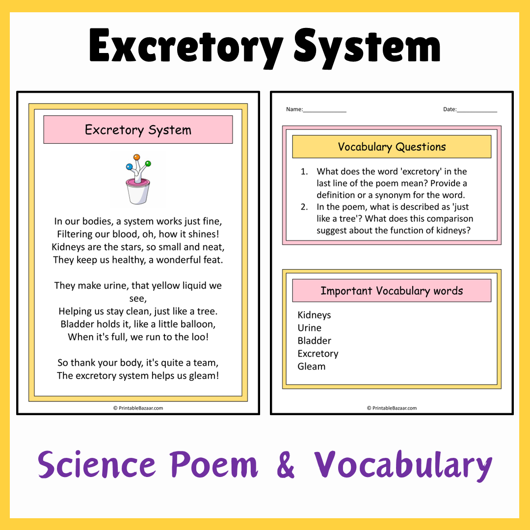 Excretory System | Science Poem Reading Comprehension Activity