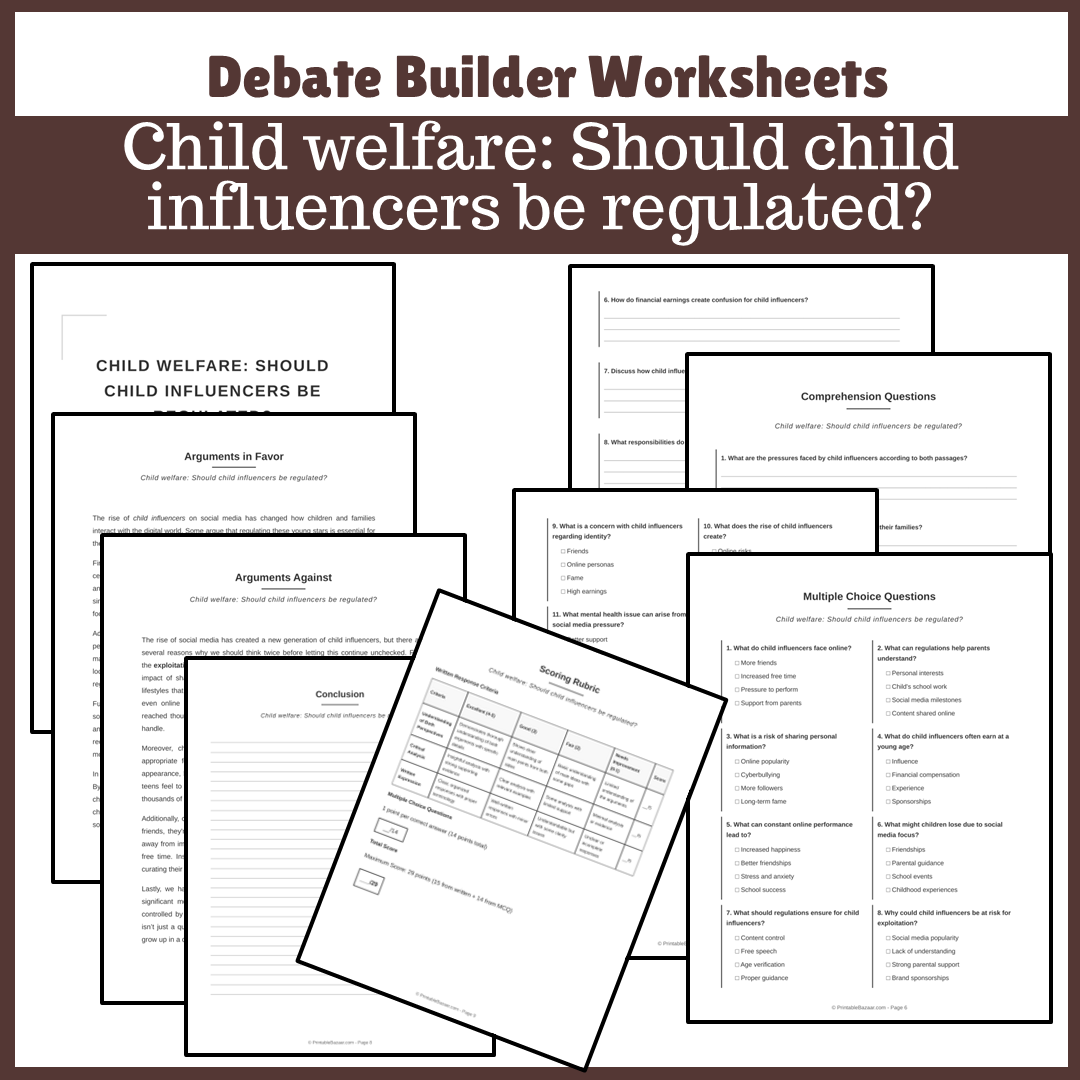 Child welfare: Should child influencers be regulated? | Favour and Against Worksheet Printable Activity