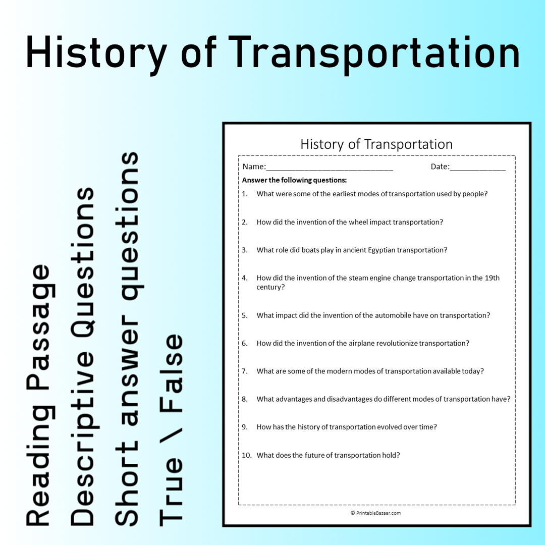 History of Transportation | Reading Comprehension Passage Printable Worksheet